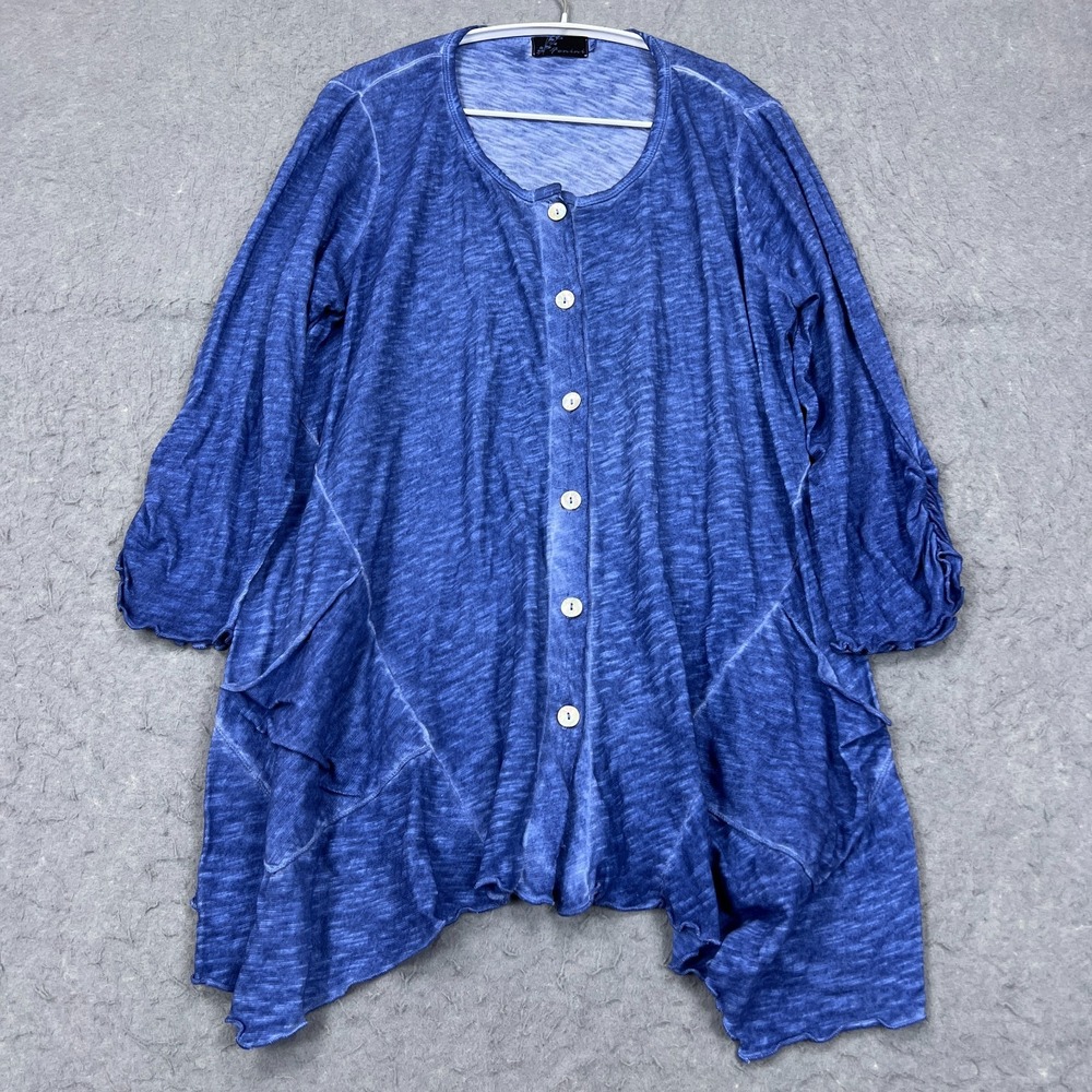 Fenini Top Womens Small Blue Burnout Woven Button Up Pockets Lagenlook Shirt USA